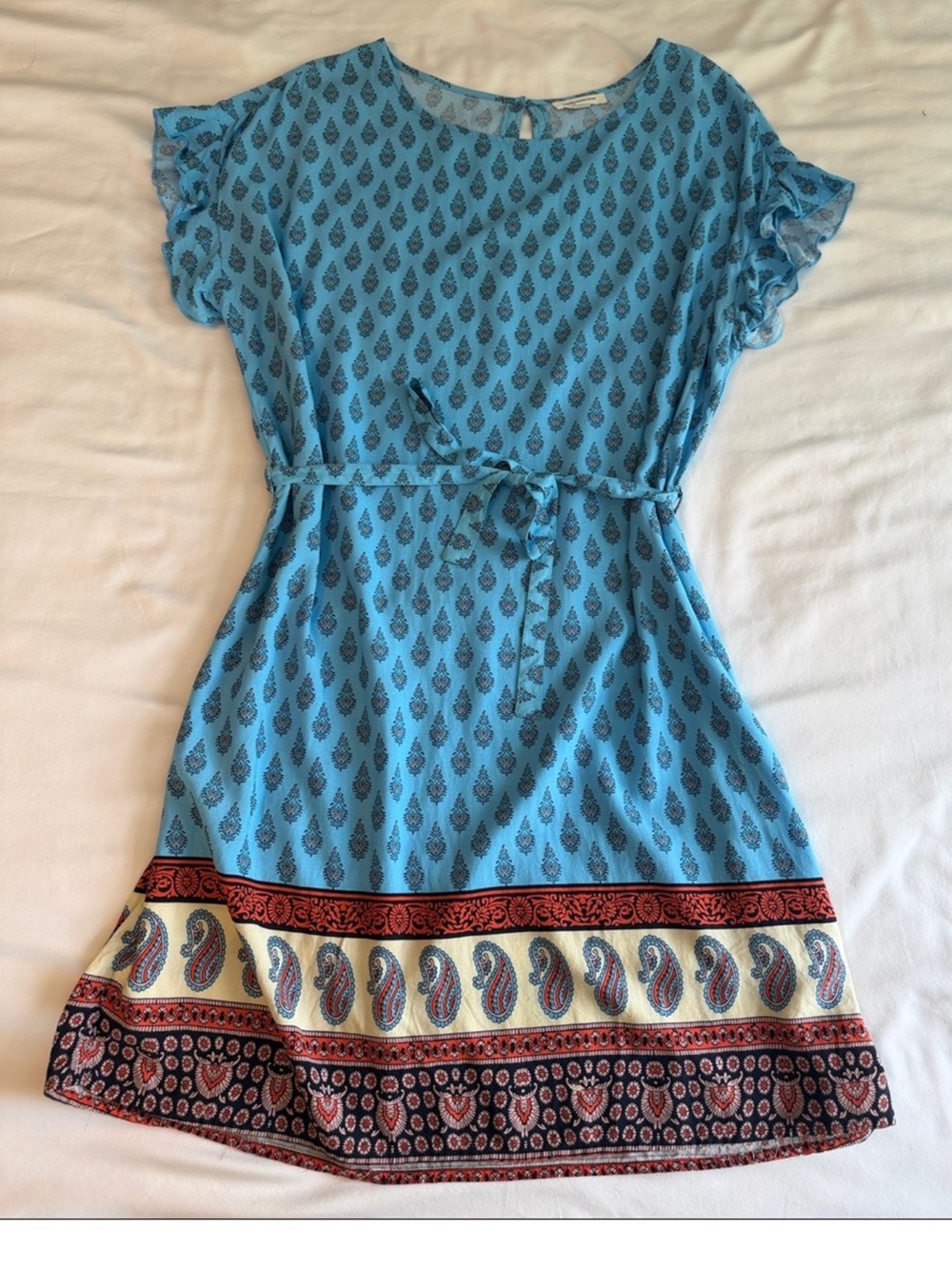 beachlunchlounge Turquoise Paisley Border Short Sleeve Tunic- Waist Tie -